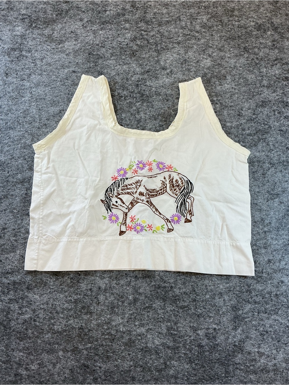 Handmade Cream Tank Top with Horse and Floral Embroidery Best Fits M/L